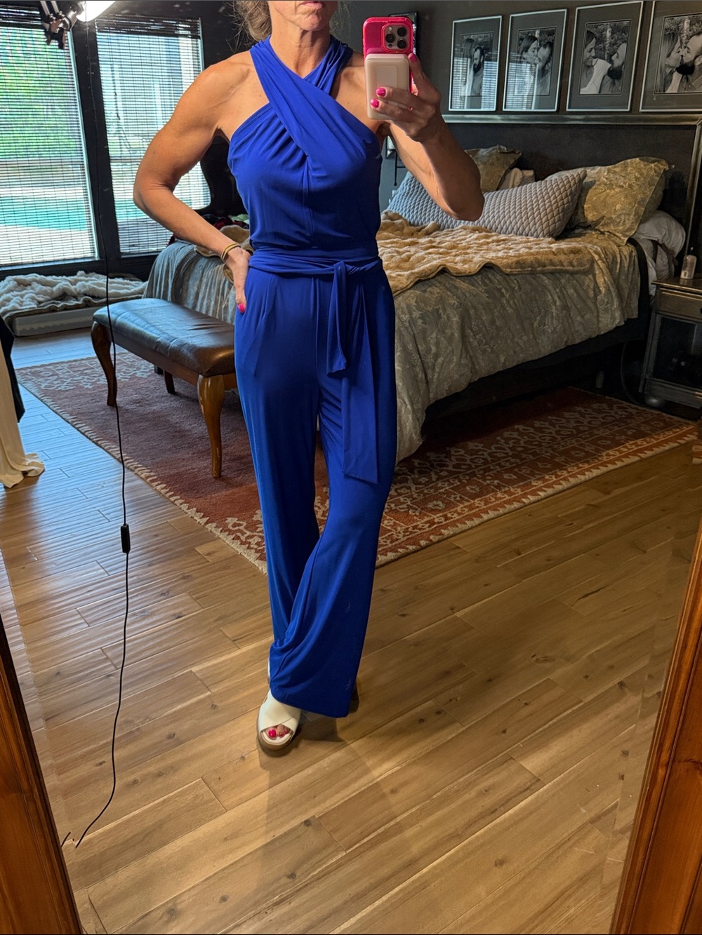 Tahari Cobalt Blue Halter Jumpsuit with Waist Sash